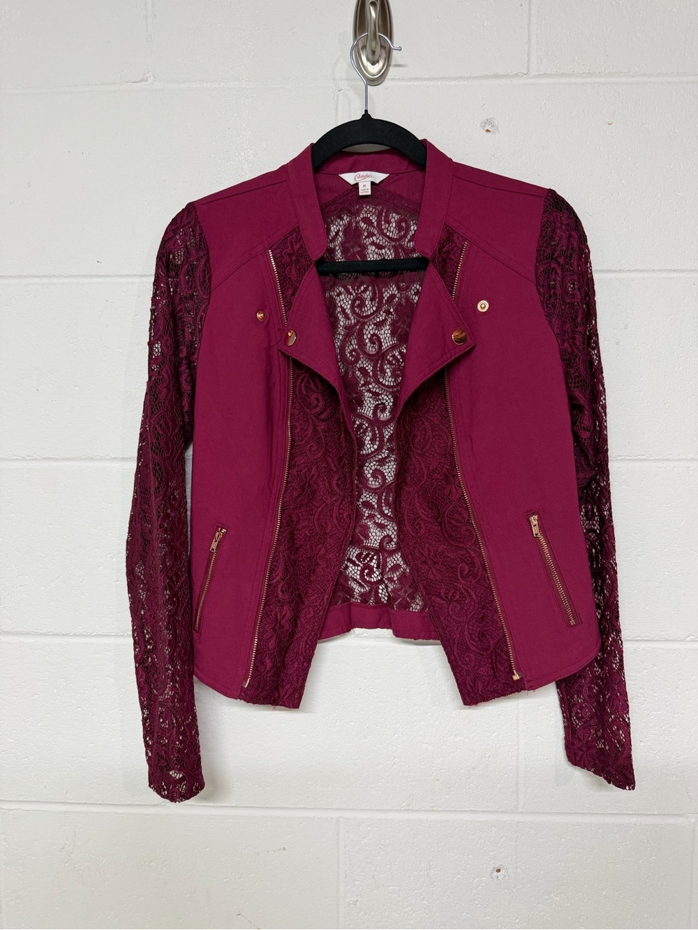 Candie's Lace Sleeve Moto Jacket - Berry